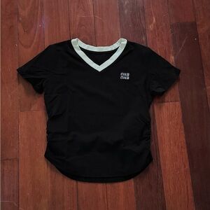 Miu Miu Black V-Neck Tee with Cream Trim